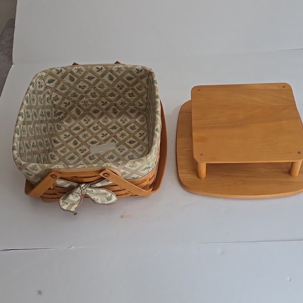 Longaberger Vintage Cake Pie Woven Basket Fabric Plastic Liner Wood Stand Cover - Picture 8 of 17